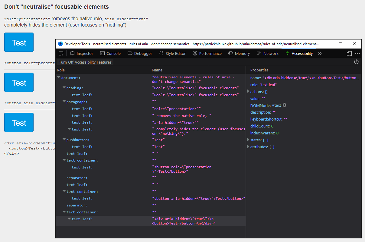 Screenshot of Firefox accessibility inspector - aria-hidden nodes are not shown at all in the accessibility tree representation
