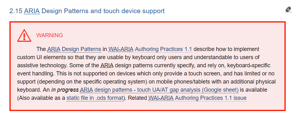 Screenshot of the warning note on ARIA design patterns and touch device support in the 'Using ARIA' spec