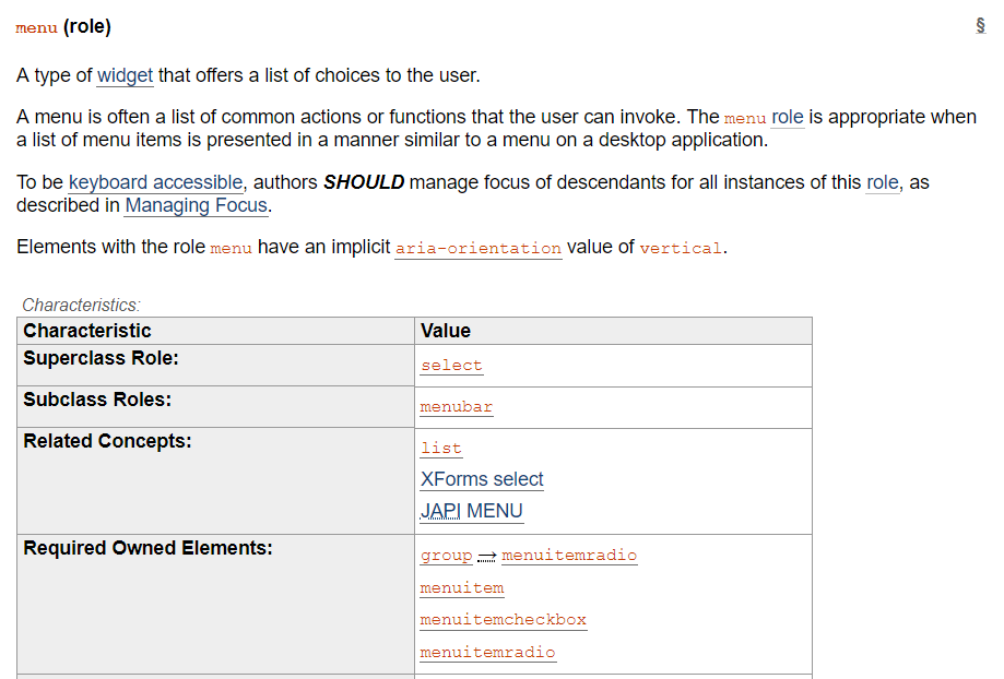 Screenshot of the warning note on ARIA design patterns and touch device support in the 'Using ARIA' spec
