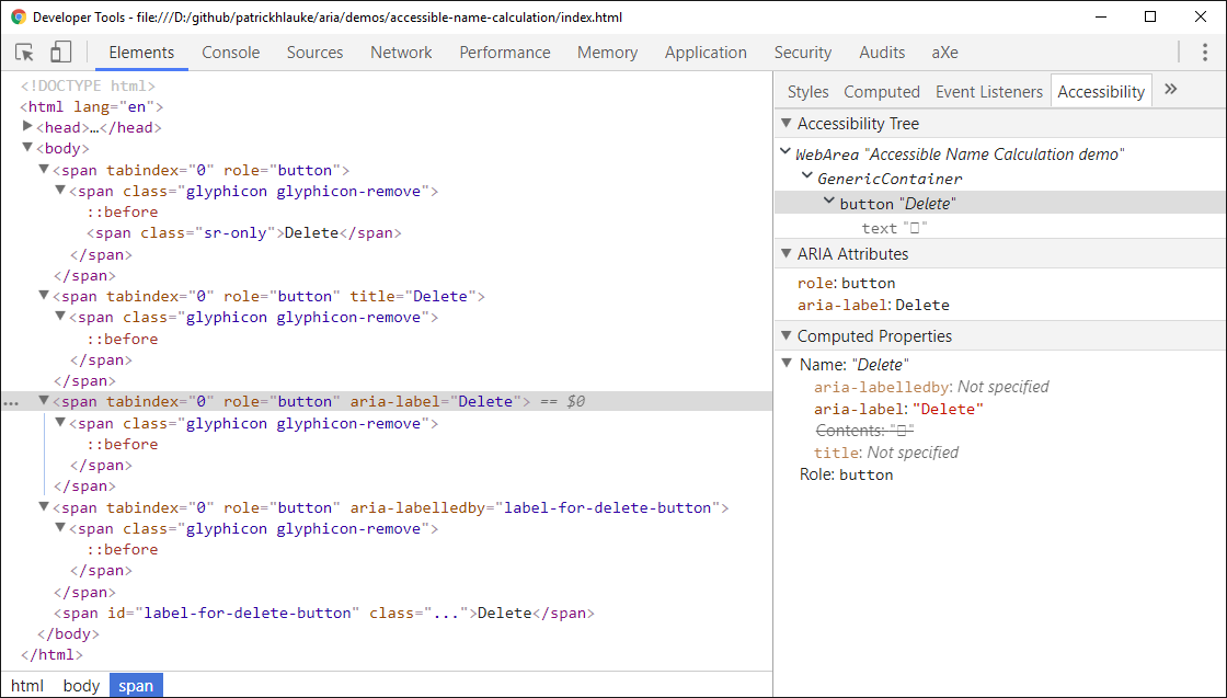 Screenshot of Chrome Developer Tools' accessibility panel, showing details about which attributes - content, title, aria-label, aria-labelledby - contribute to the element's name