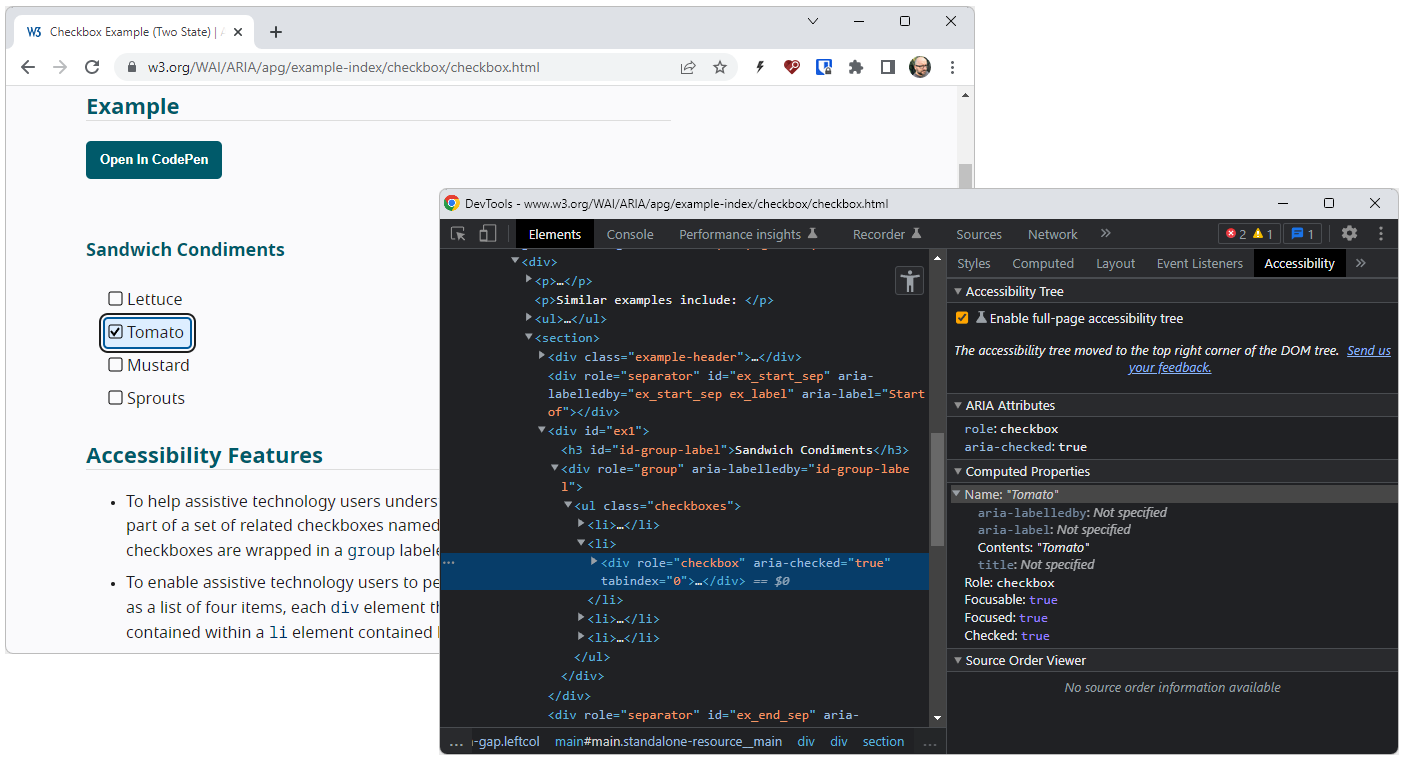 Chrome DevTools' accessibility panel, showing the accessibility tree and accessibility properties - exposed by Chrome to the platform/OS accessibility API - of an element in a page