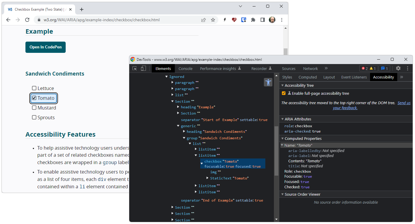 Chrome DevTools' full accessibility tree, showing the accessibility tree and accessibility properties - exposed by Chrome to the platform/OS accessibility API - of an element in a page