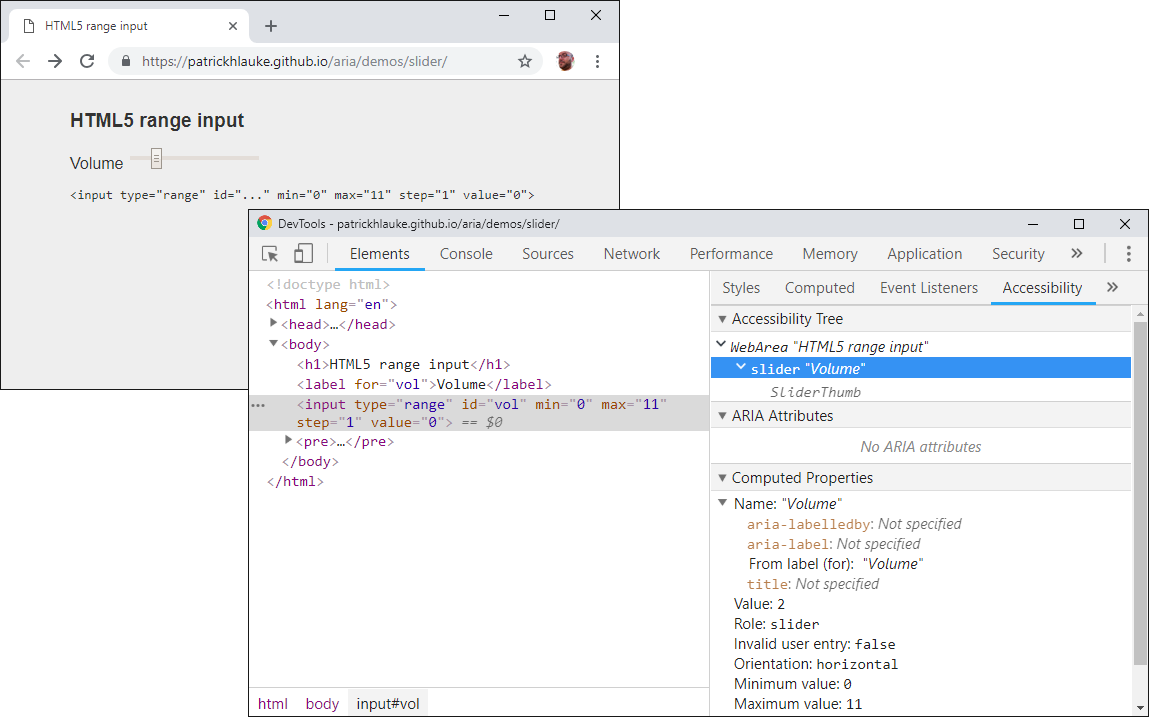 Using Chrome DevTools' accessibility panel we see that a native HTML5 input with type='range' is exposed correctly as a 'slider'