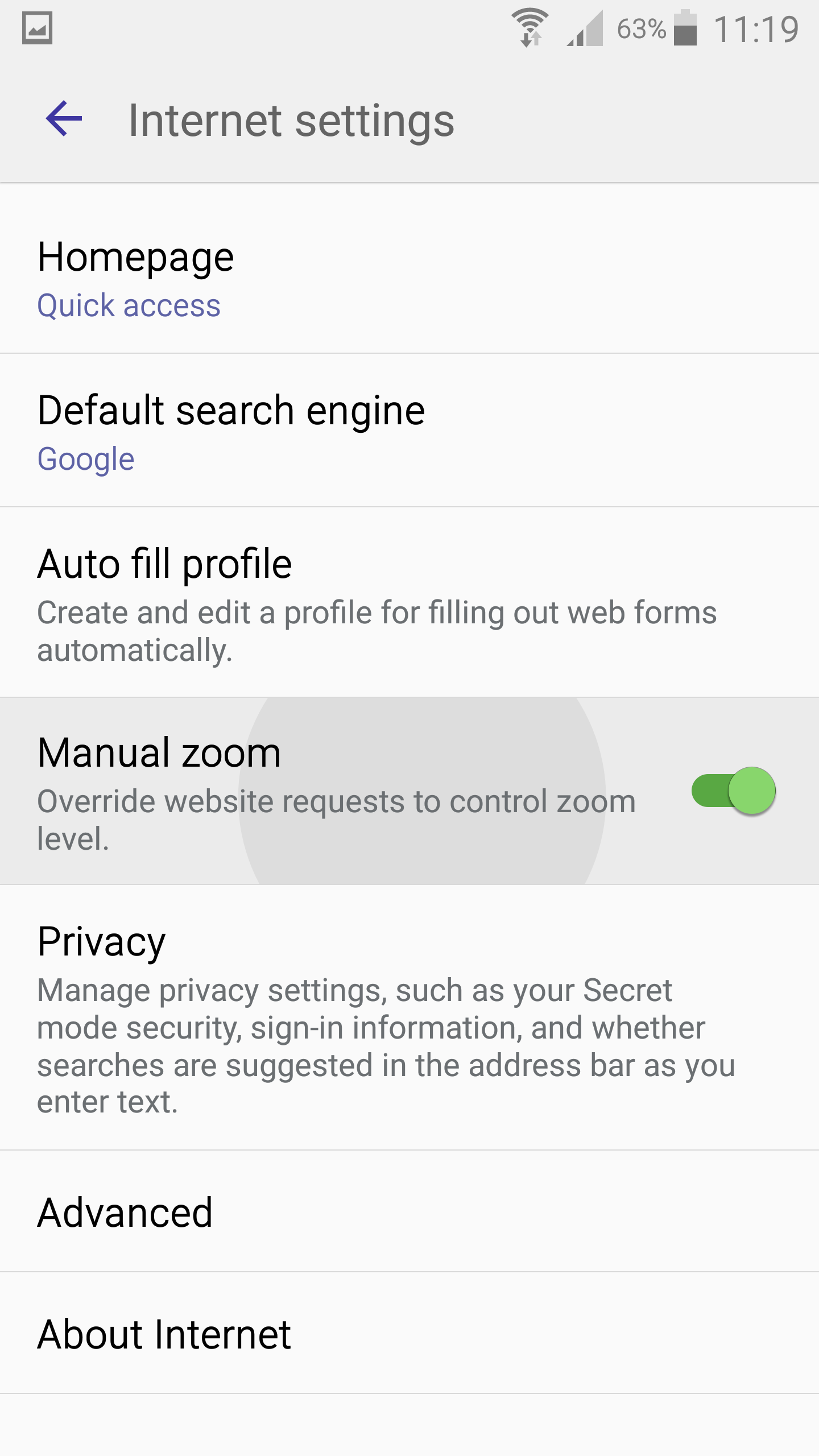 Samsung Internet's 'Manual Zoom' setting