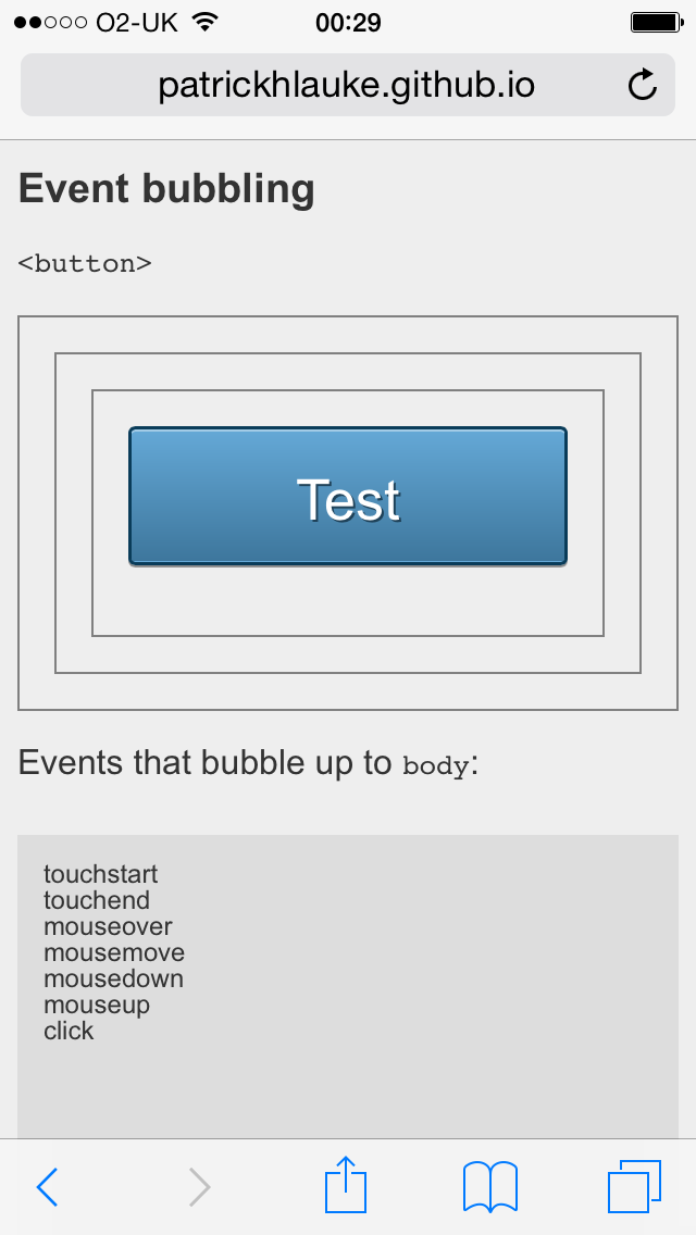 if target is a button, the touch, mouse and click events all bubble like normal