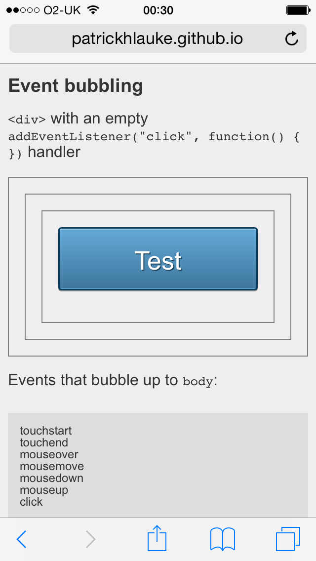 adding an empty click event listner on the target div makes touch, mouse and click events bubble as normal again