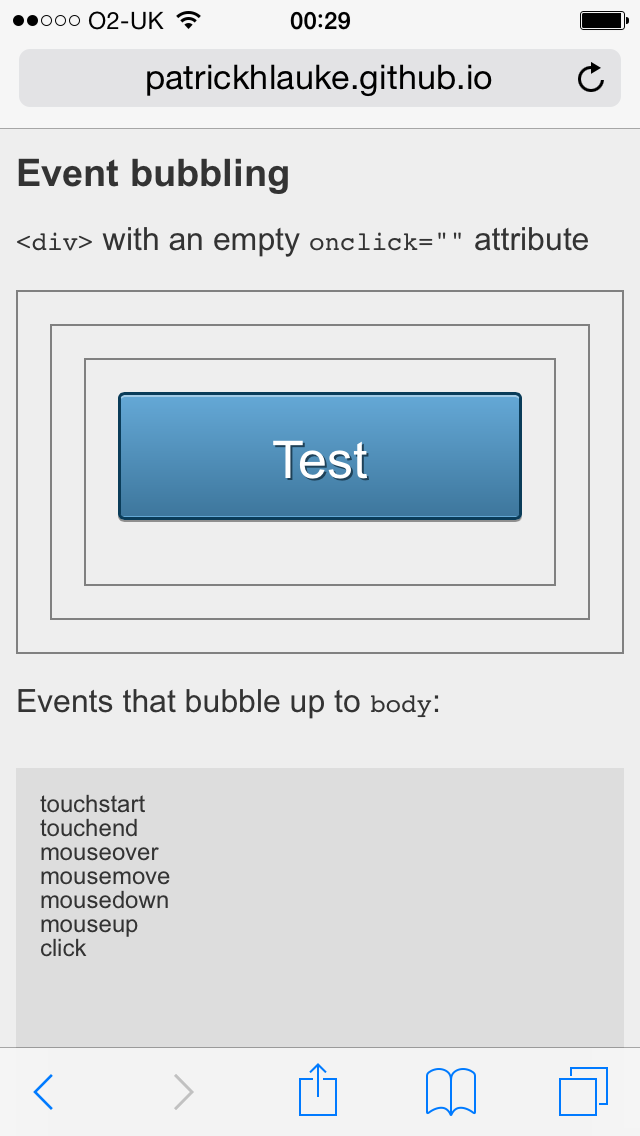 adding an empty onclick attribute on the target div makes touch, mouse and click events bubble as normal again