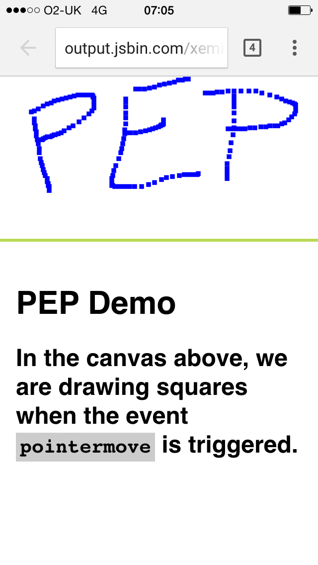 A pointer events demo running in iOS/Safari thanks to PEP