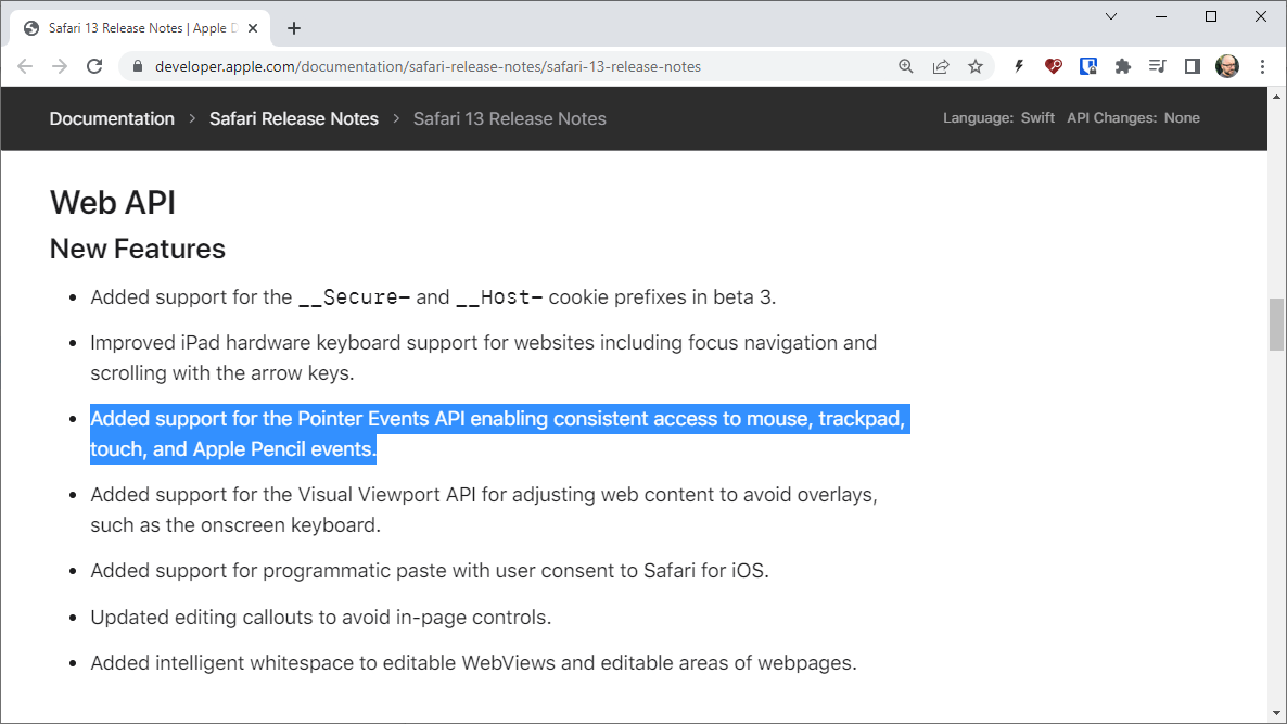 Safari 13 release notes, showing the WebAPI section, with the bullet about support for Pointer Events API highlighted