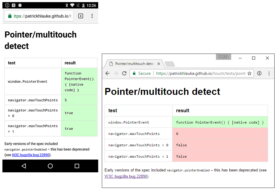 Chrome on Android and on a non-touch-enabled desktop, showing they both support Pointer Events, but only on Android it also registers navigator.maxTouchPoints greater than zero