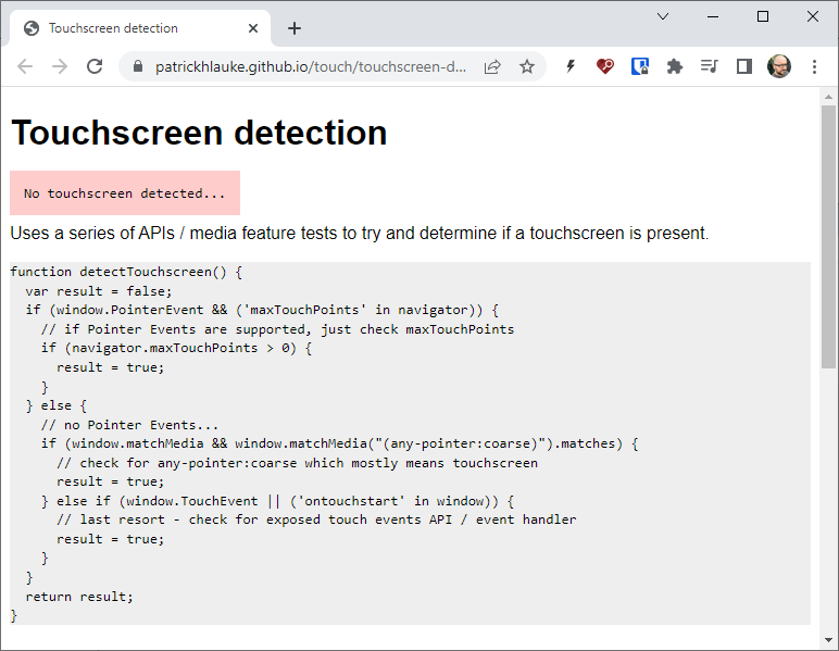 Touchscreen detection page