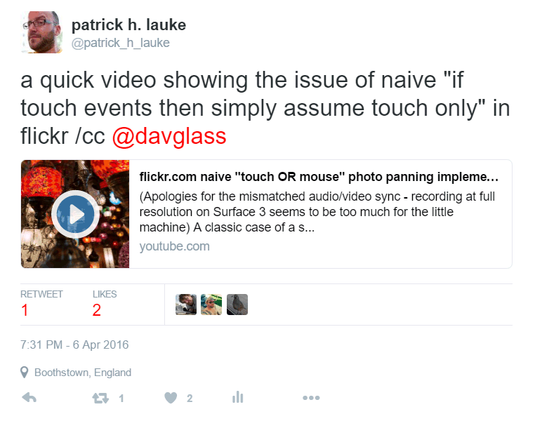 Tweet: a quick video showing the issue of naive 'if touch events then simply assume touch only' in flickr