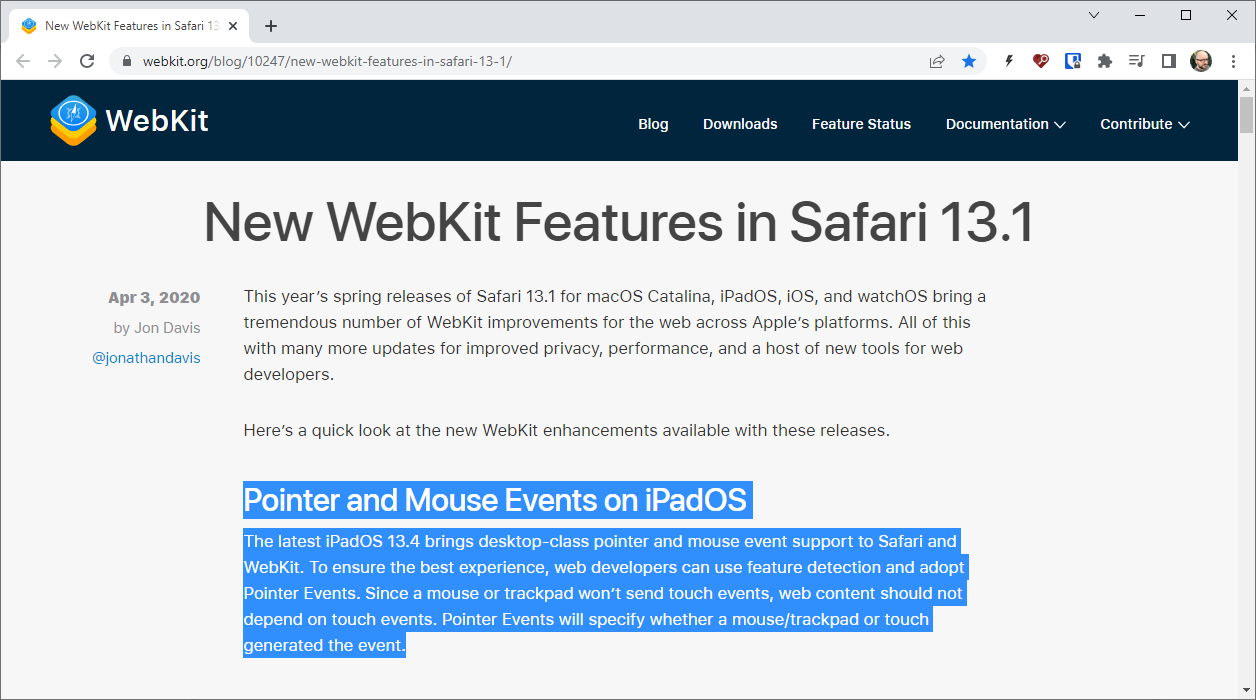 New Webkit features in Safari 13.1, with the section on Pointer and Mouse events on iPadOS highlighted