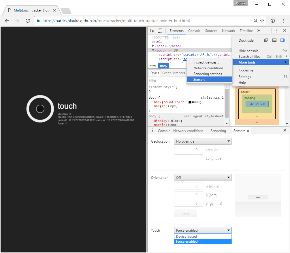 New 'Touch > Force enabled' option in the 'Sensors' section of Chrome Developer Tools