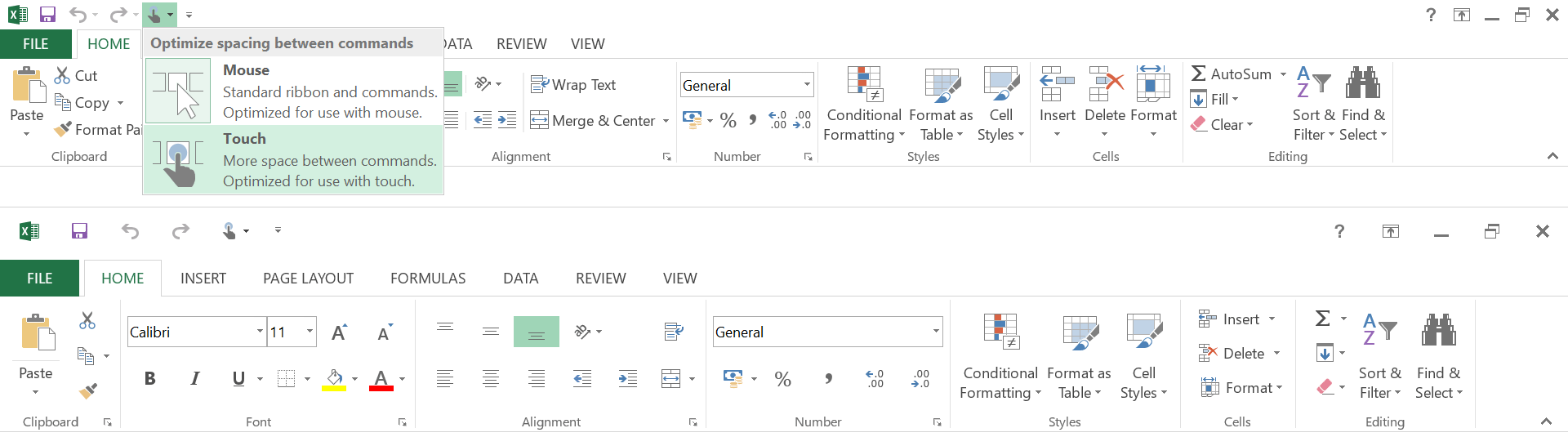 Office 2013 in Windows offers a 'Touch/Mouse mode' switch - shown by default on touch-capable devices, but can be accessed even on mouse-only devices; switching to touch mode increases spacing and touch target of all ribbon controls