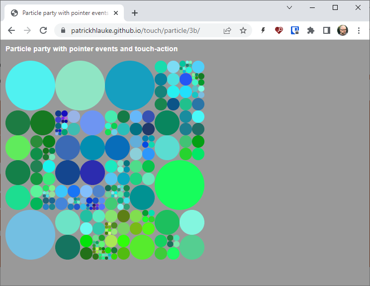 By suppressing default touch action on the particle party canvas, pointer events now 'track'