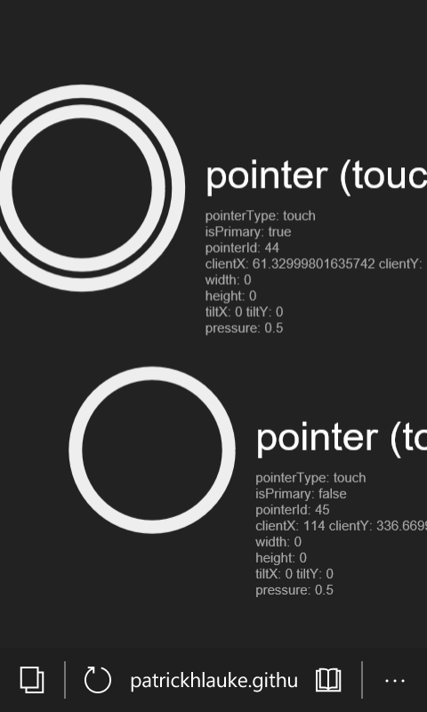 On a non-pressure-sensitive touchscreen with no contact geometry sensor - e.g. Nokia Lumia 520 - touch pointers have pressure 0.5, as they're in active button state, but width and height is 0