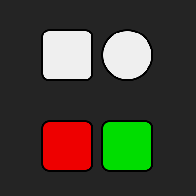 Two sets of unlabelled buttons - in the first, one button is square, the other is round; in the second, both buttons are square, but one is red while the other is green