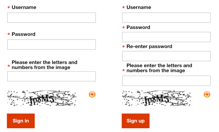 Two forms side by side: on the left, a sign-in form with a CAPTCHA; on the right, the almost exact same form, but the submit button now says 'sign up' instead of 'sign in'