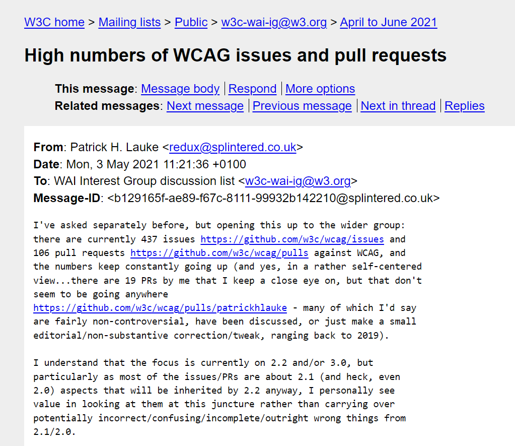 Screenshot of an email from Patrick H. Lauke to w3c-wai-ig mailing list, 3 May 2021. Subject: High numbers of WCAG issues and pull requests.