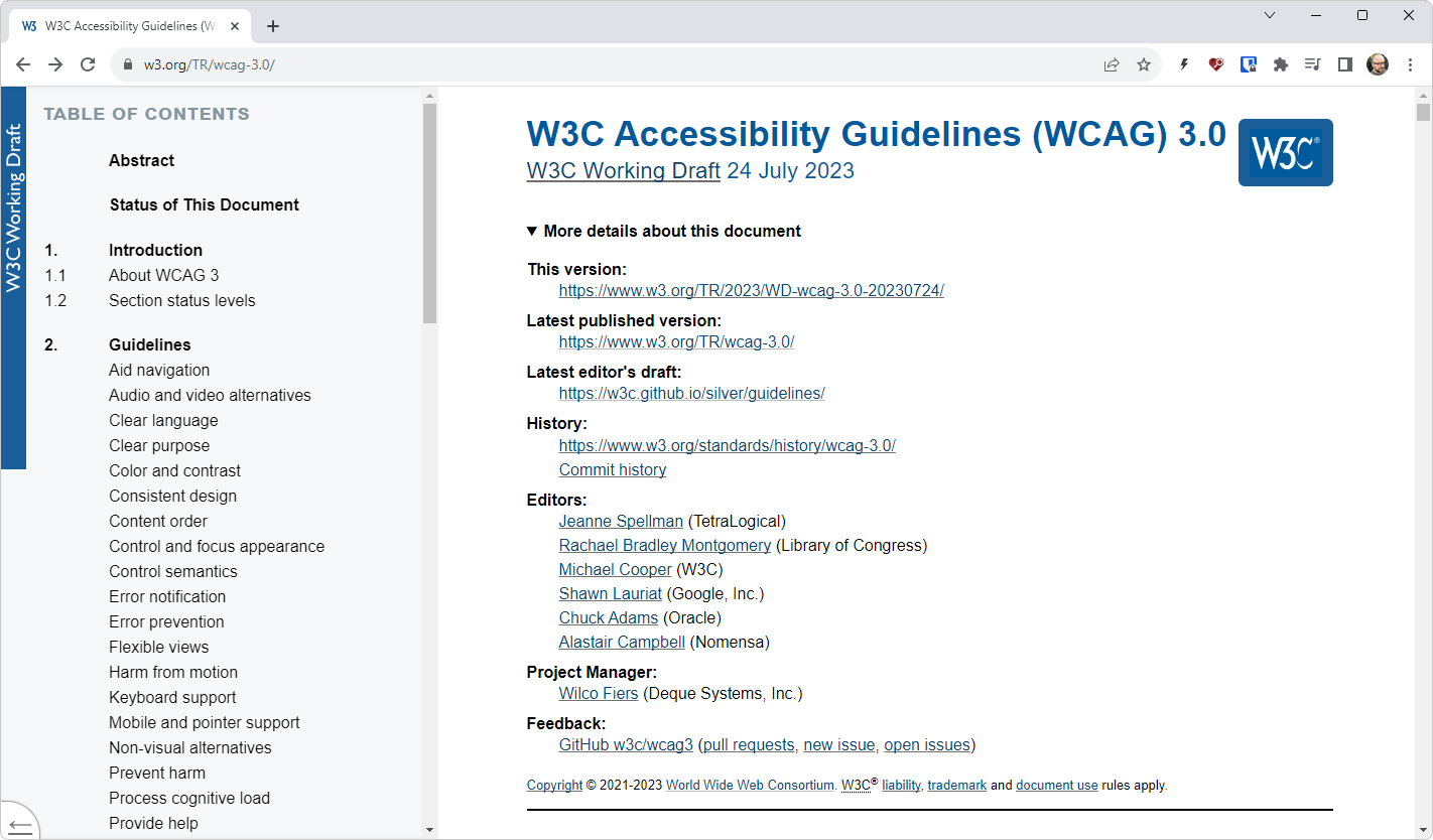 Screenshot of the W3C Accessibility Guidelines (WCAG) 3.0 - W3C Working Draft 24 July 2023